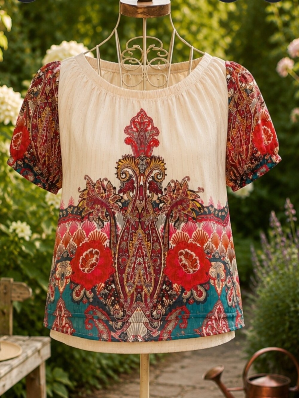 *Cato Cream Scoop-Neck Blouse with Red & Teal Floral Print Pit 25 L24